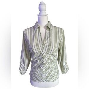 Vintage Y2K Preppy Green Striped Ruched Sexy Fitted Blouse 3/4 Sleeve Sz Medium